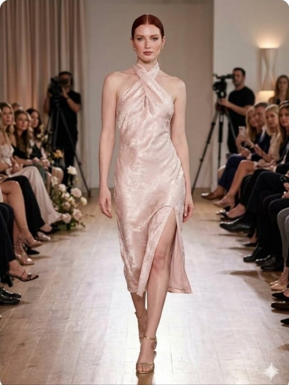 NWT Beyond Classy Blush Pink Satin Jacquard Halter Midi Dress Size Medium